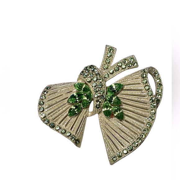 Jewelry - White Bow Brooch with Green Rhinestones